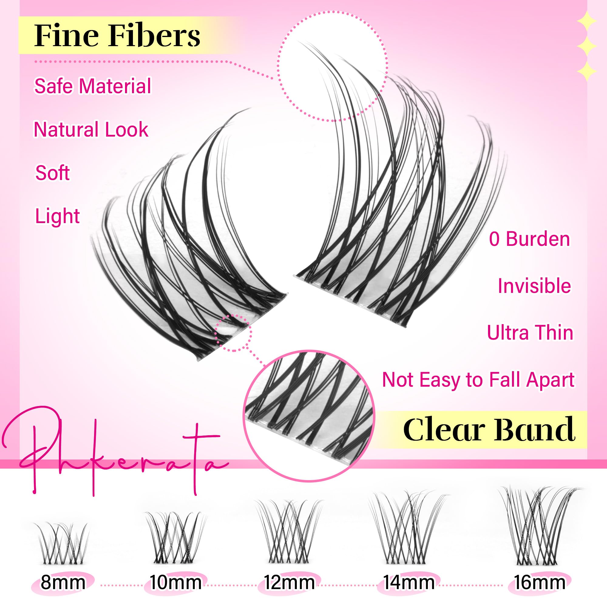 PHKERATA Natural curvature lash clusters assembly demonstrates soft fibers creating a natural 3D look.