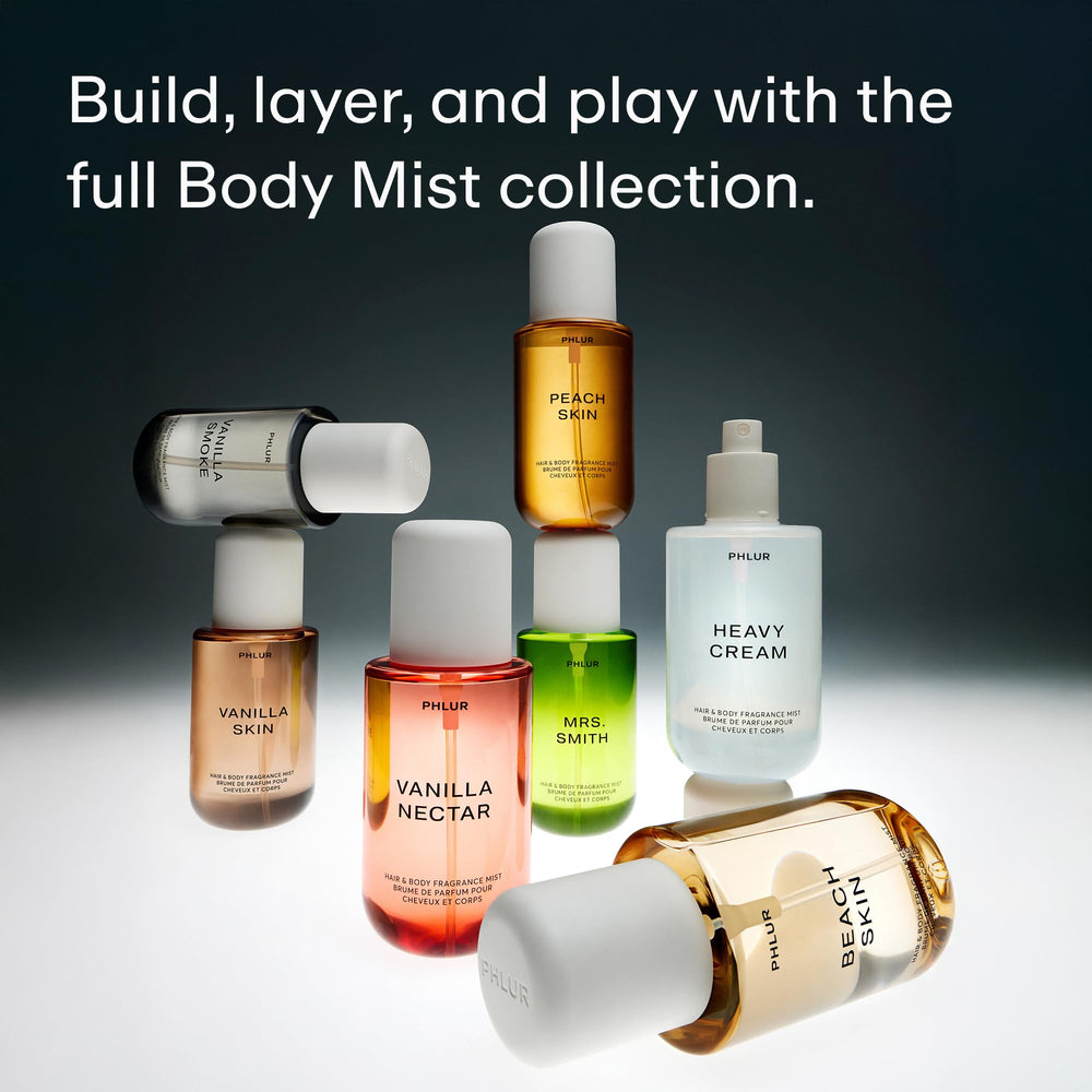 PHLUR body mist application spray demonstrating all-over wear.