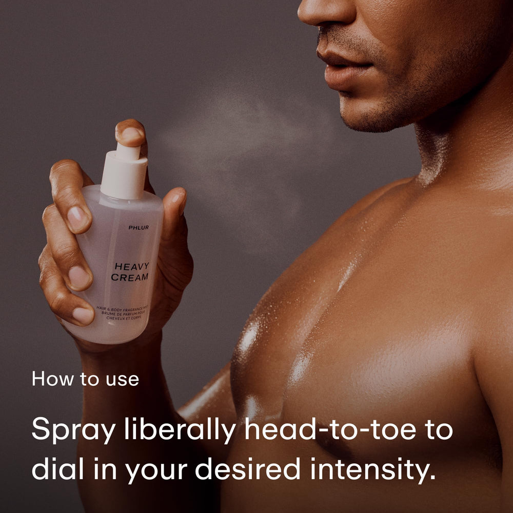 PHLUR Heavy Cream Body Mist pump demonstrates effortless spray for daily wear.