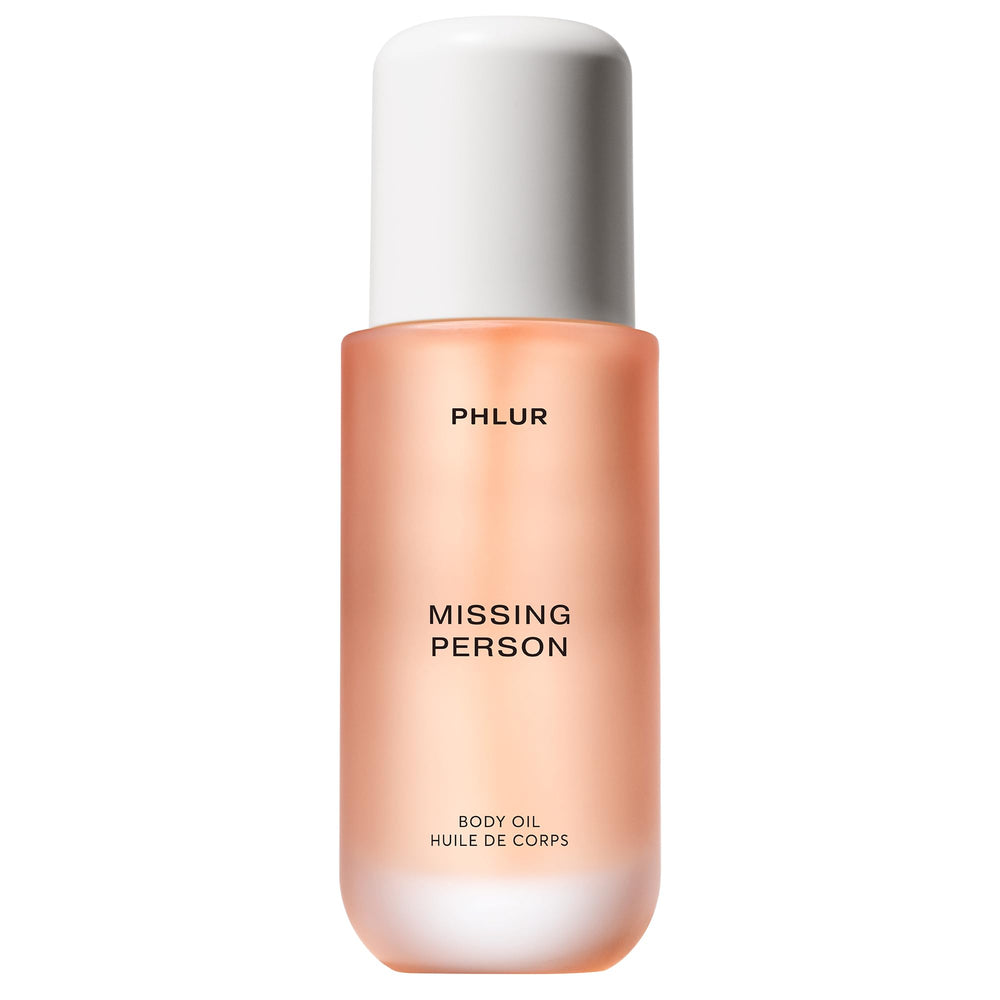 PHLUR Missing Person bottle closeup showing luxe hydration for smooth skin.