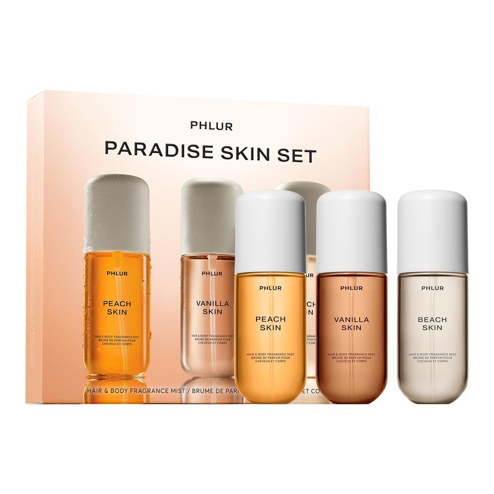 PHLUR Paradise Skin Set bottles trio ready for layering and on-the-go scent.