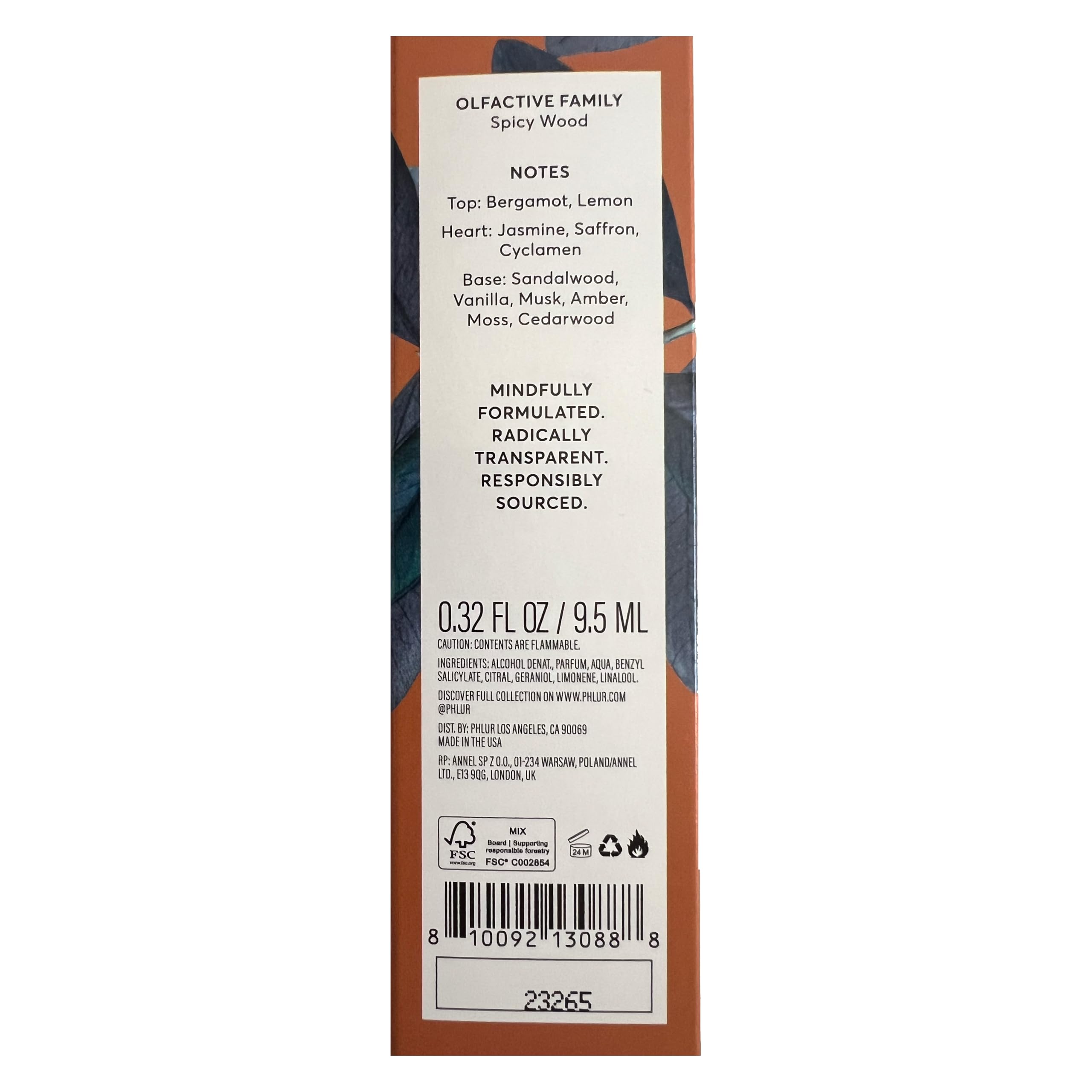 PHLUR Somebody Wood label close-up highlights transparent ingredients
