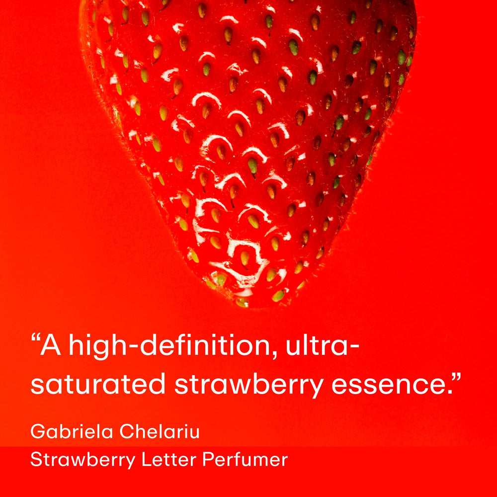 PHLUR Strawberry Letter note chart, highlights top, heart and base notes.