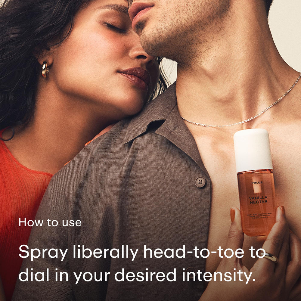 PHLUR Vanilla Nectar bottle angled, warm vanilla radiance for cozy moments.