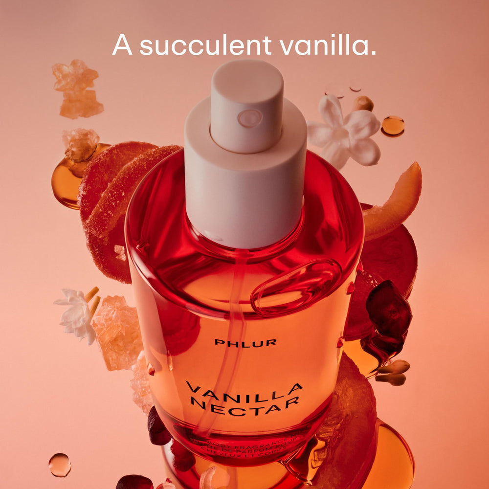 PHLUR Vanilla Nectar Mist spray demonstrates easy all-over application for layering with other perfumes.
