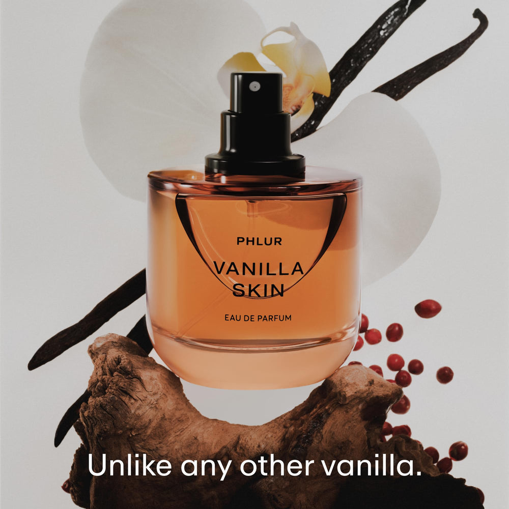 PHLUR Vanilla Skin packaging box, travel-ready presentation for on-the-go fragrance.