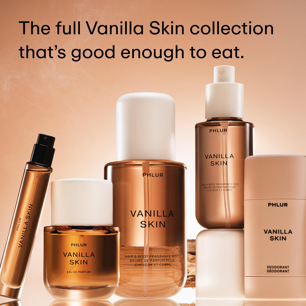 PHLUR Vanilla Skin travel-size bottle in compact pouch for carry-on convenience.
