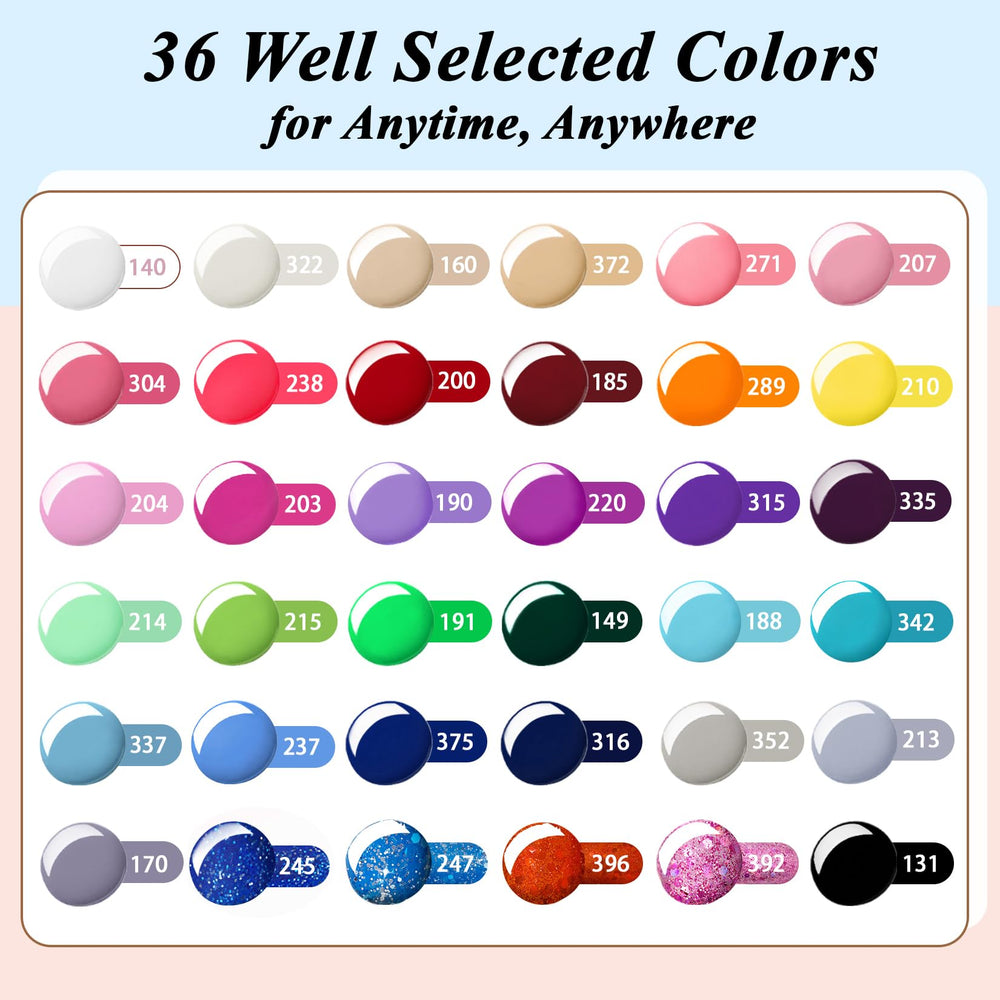 Phoenixy 36 vibrant gel nail polish colors swatches for endless design possibilities.