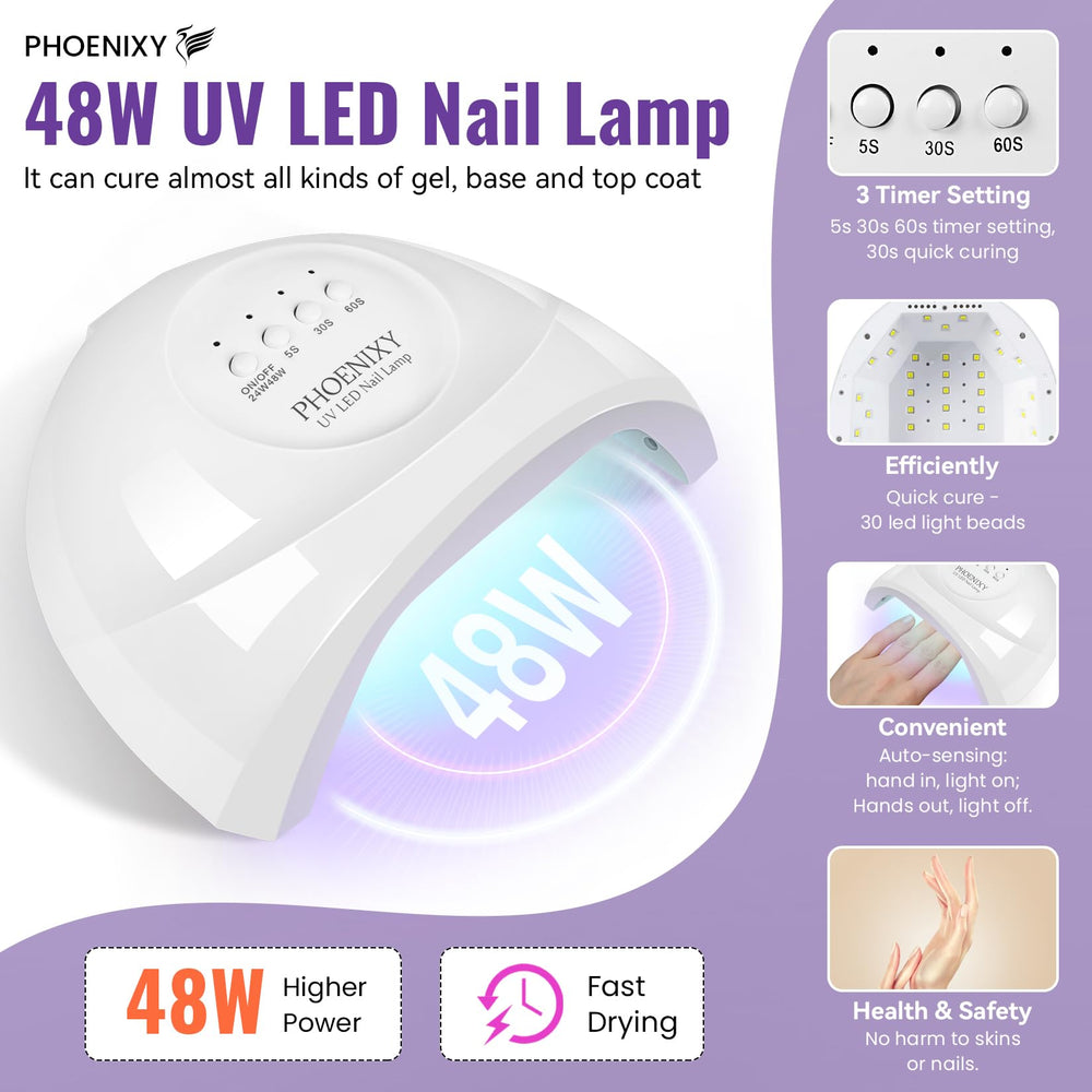 Phoenixy 48W UV LED nail lamp cures polish quickly with multiple timer settings.