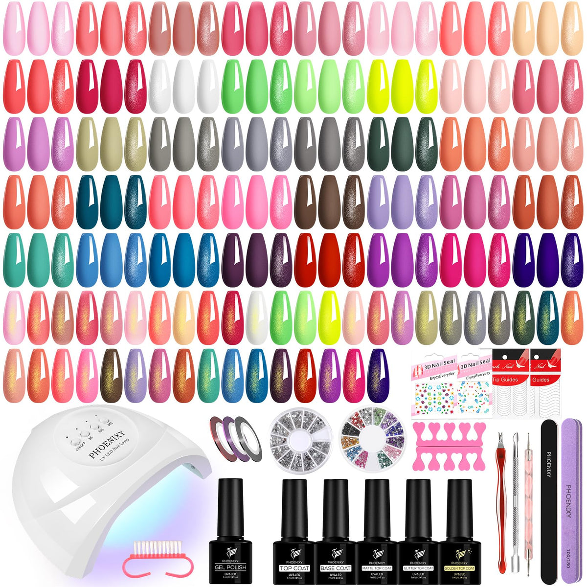 Phoenixy 61 PCS Gel Nail Kit contents showcase with 40 colors and essential tools for home manicures
