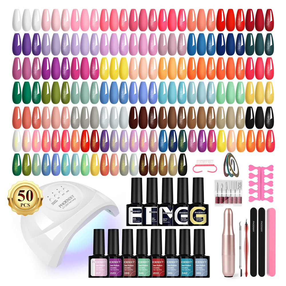 Phoenixy 63-pcs gel nail kit with UV light and drill showing color variety for at-home manicures.