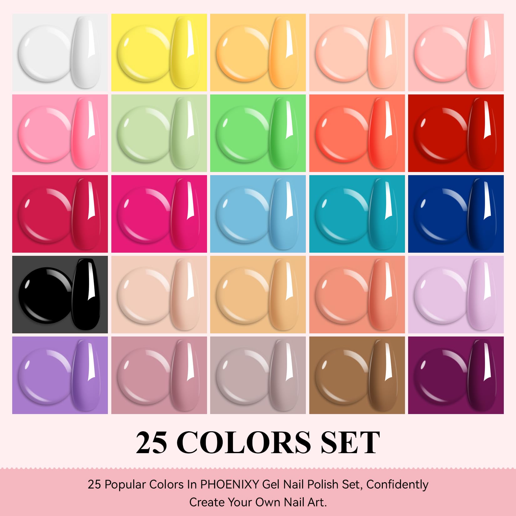 Phoenixy base coat and top coats showcase glossy, matte, and glitter finishes.