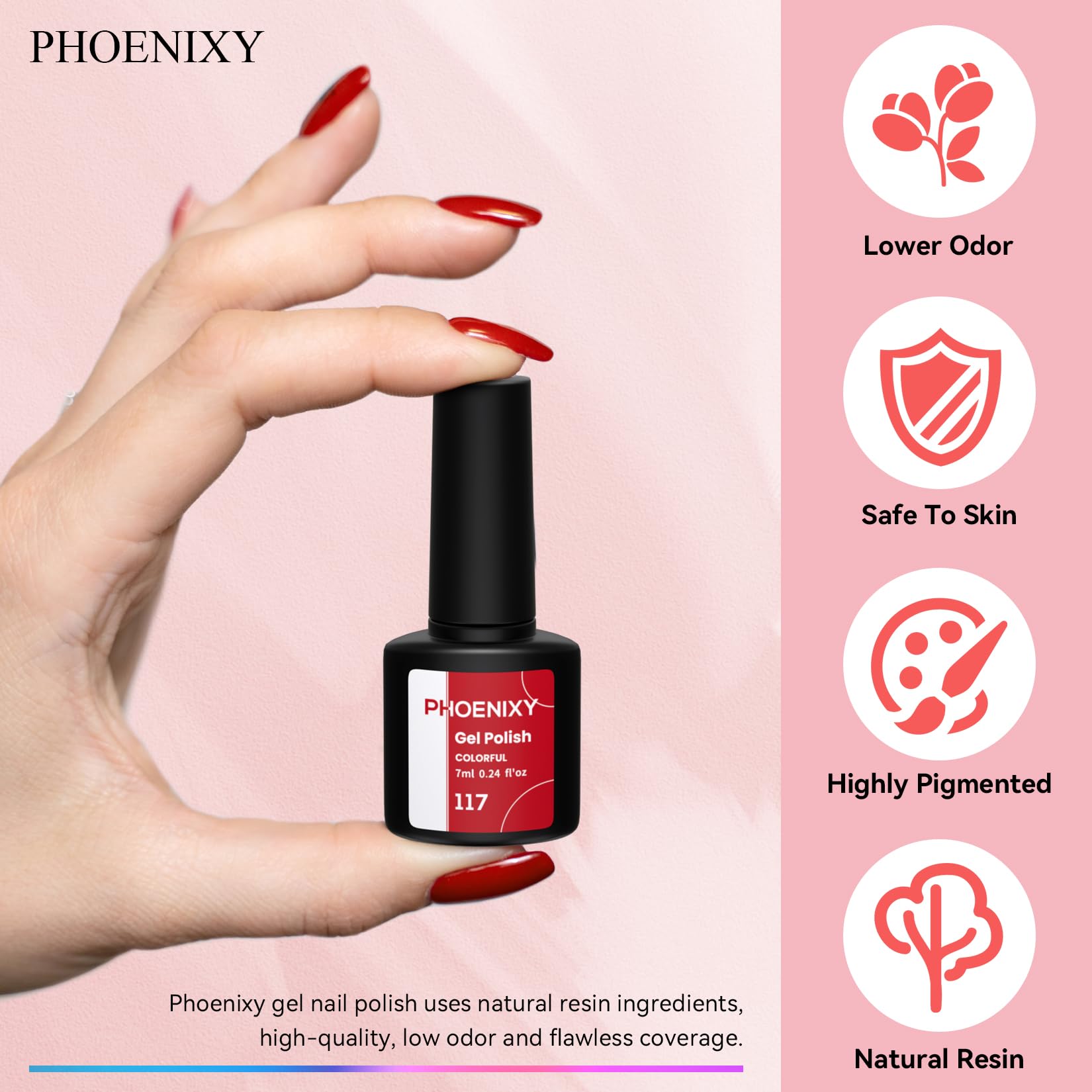 Phoenixy color palette arranged on display supports easy nail art ideas.