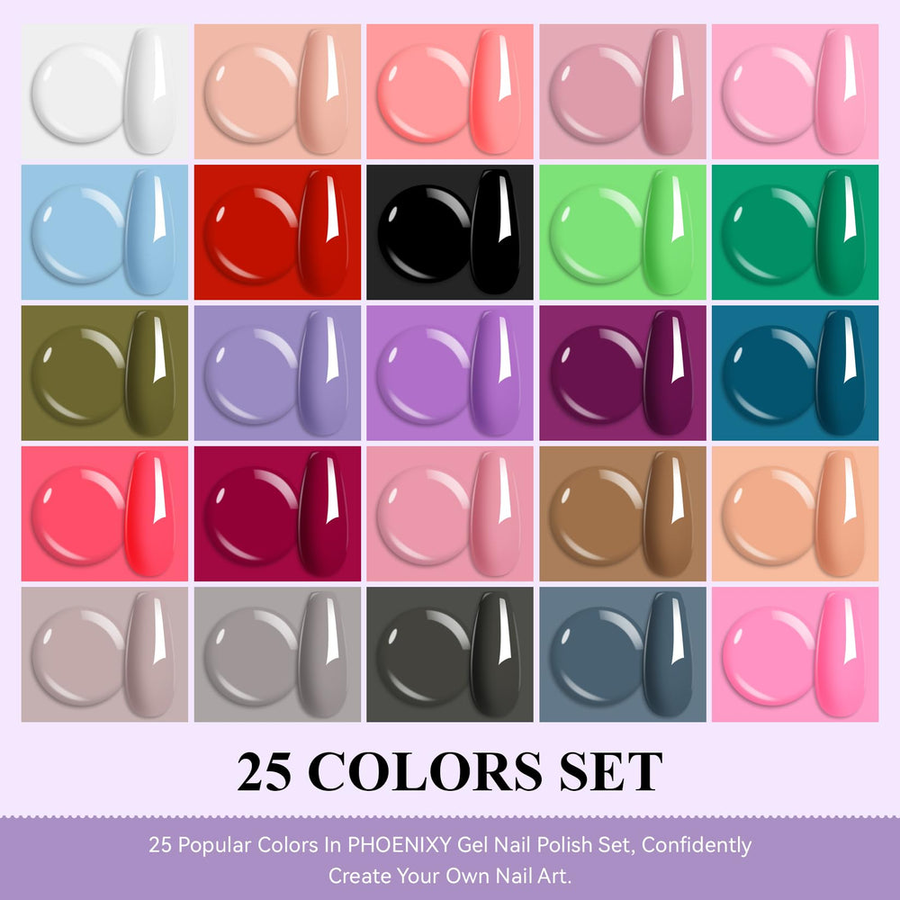Phoenixy gel nail polish colors palette with 25 shades for all-season styles.