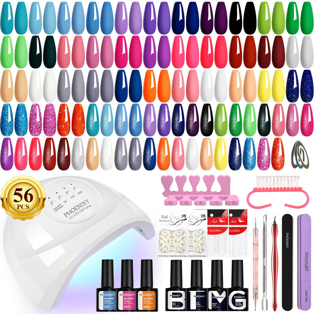 Phoenixy gel nail polish kit with 48W lamp and colors for at-home salon-quality nails.