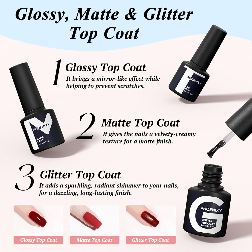 Phoenixy nail art kit enables 108+ effects with three top coats for creative designs.