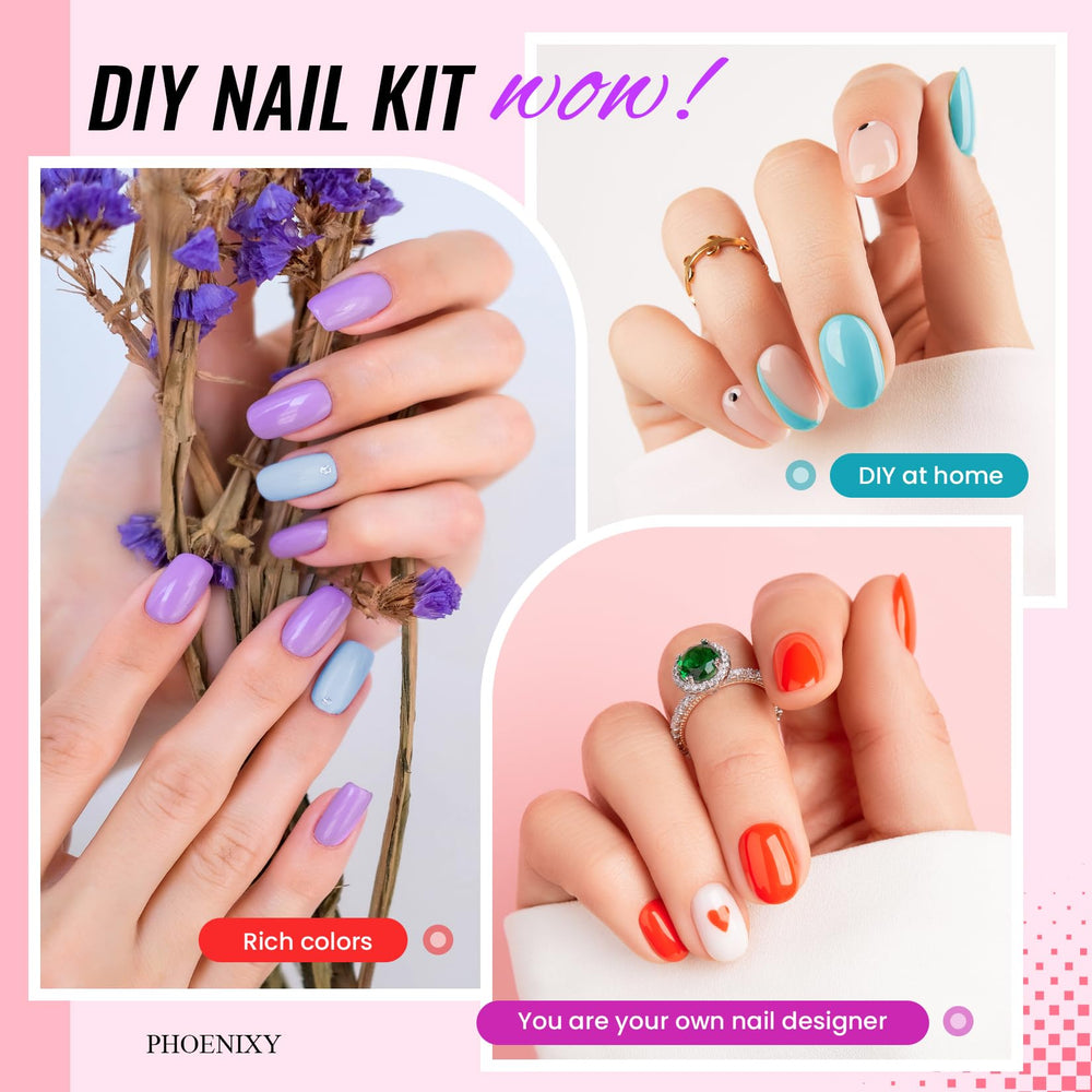 Phoenixy nail decorations and tools enable customizable designs.