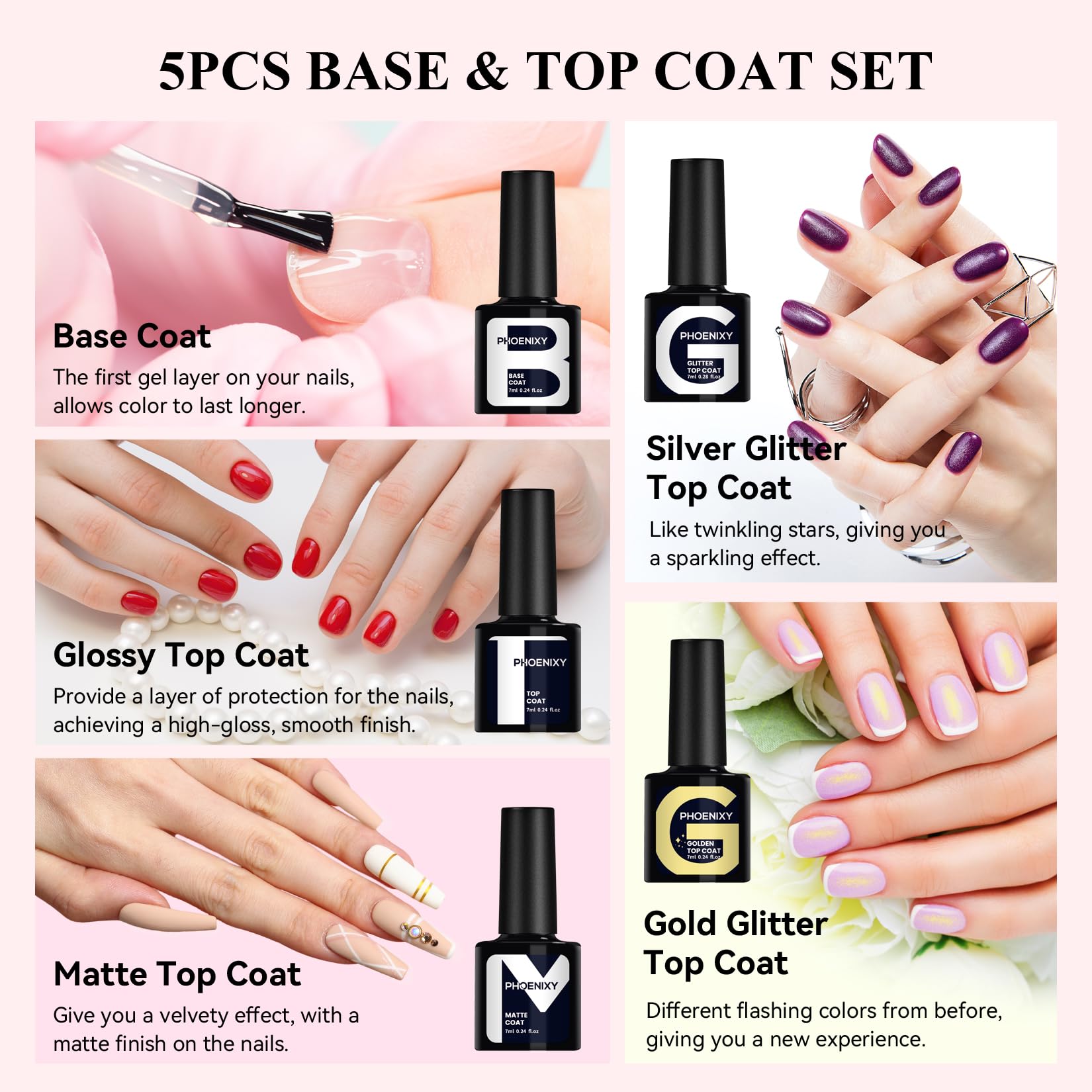 Phoenixy silver glitter top coats bottle offers instant party-ready shine.