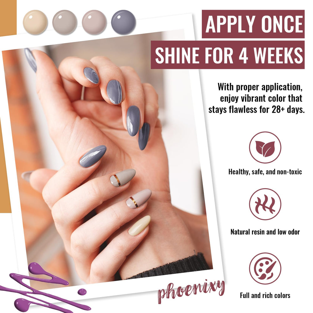 phoenixy 4-top-coats – gloss, matte, silver glitter, and gold glitter finishes