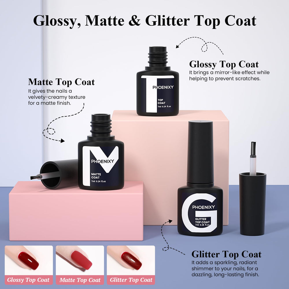 Phoenixy top coats offering glossy, matte and glitter finishes
