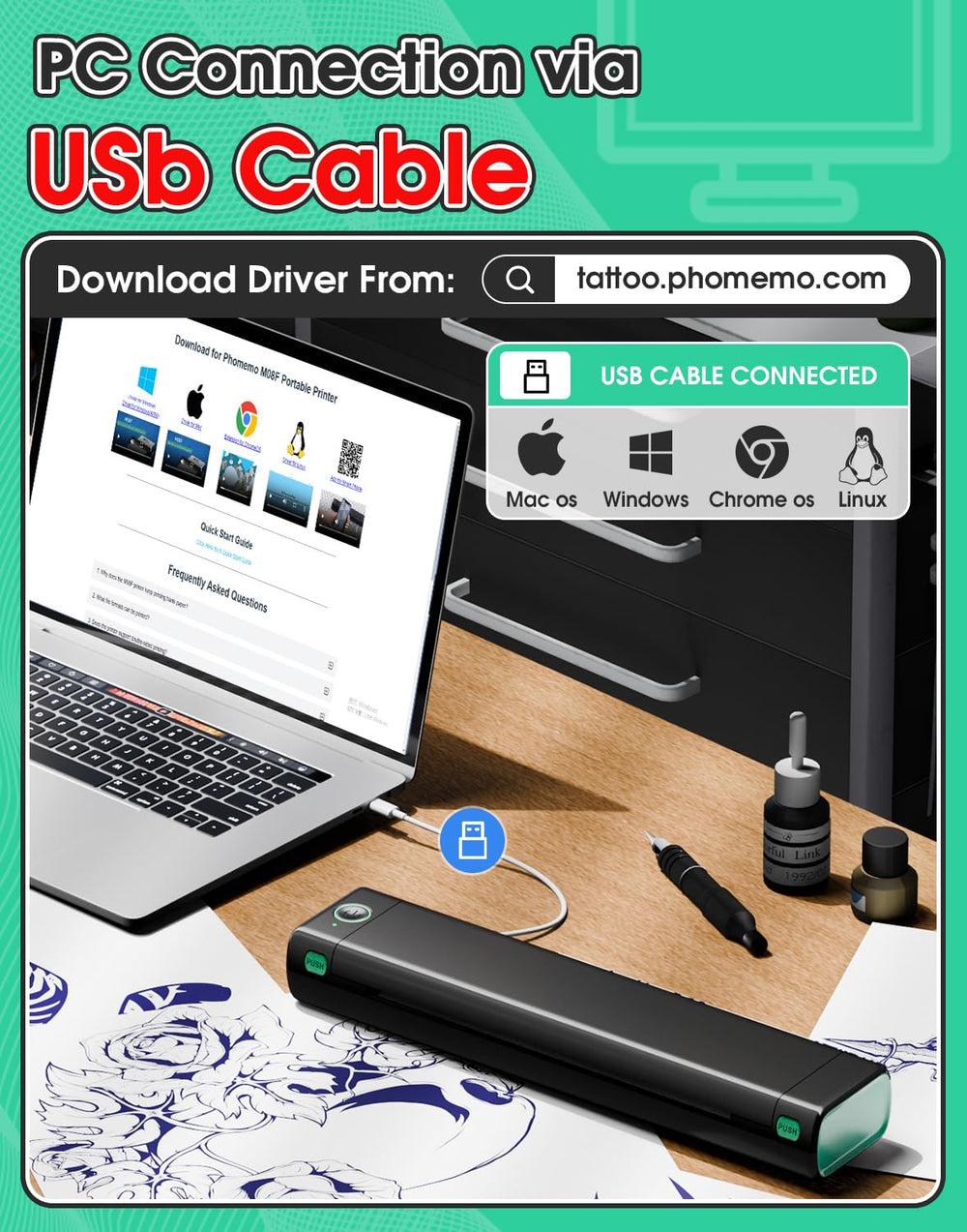 Phomemo M08F app interface with one-click print feature