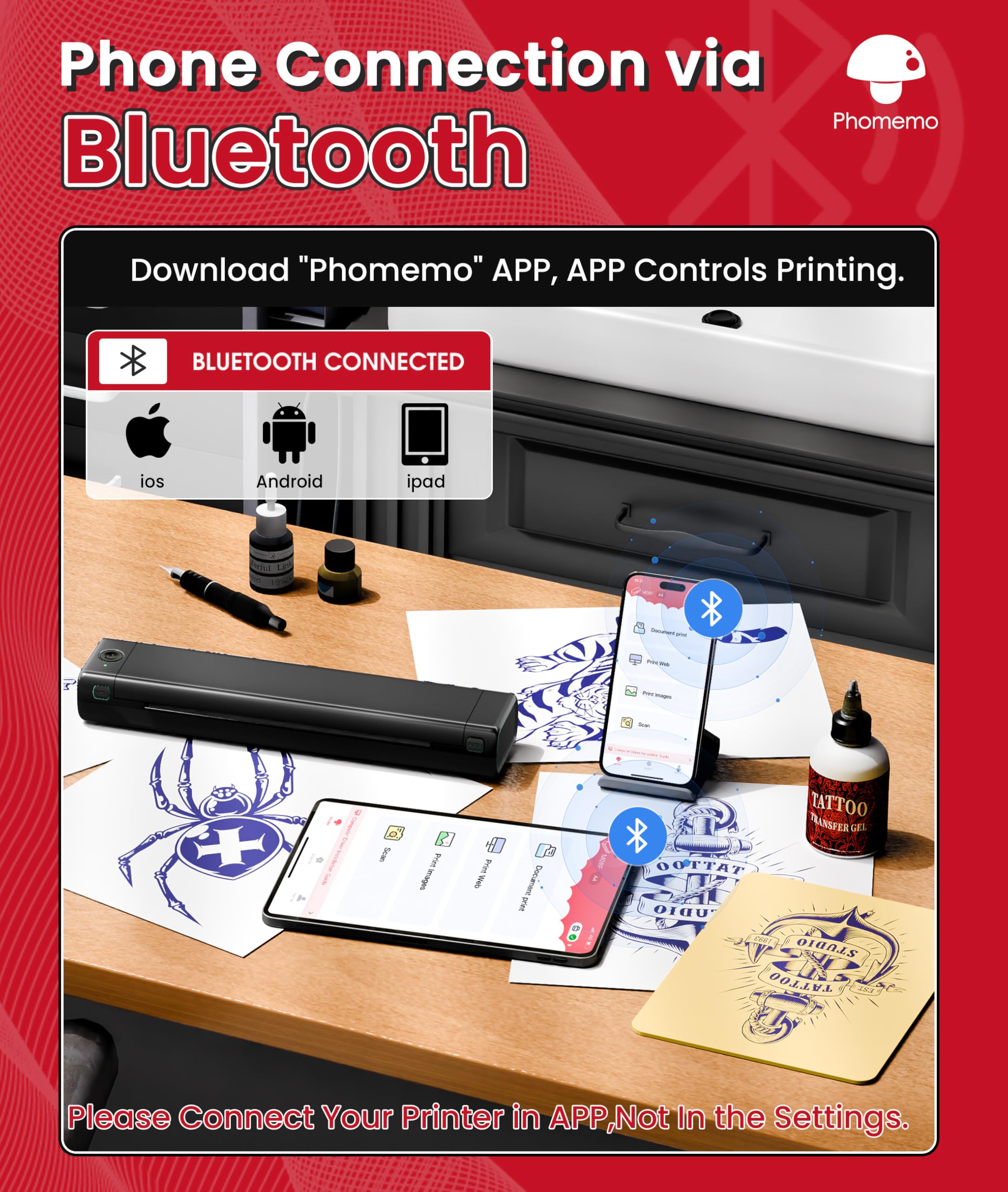 Phomemo M08F app interface enables one-touch printing for tattoo designs.