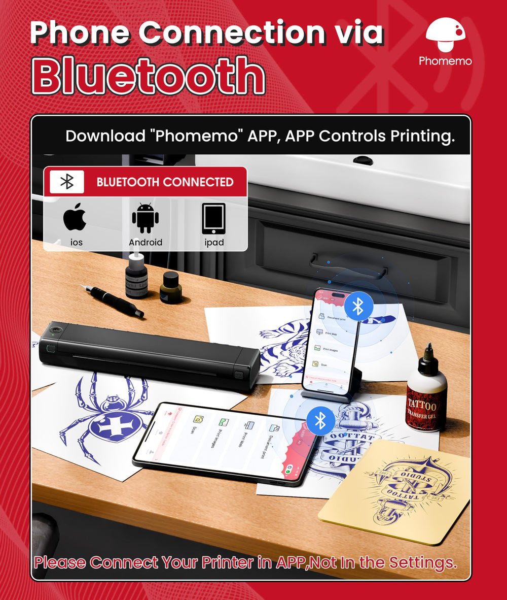 Phomemo M08F app interface enables one-touch printing for tattoo designs.