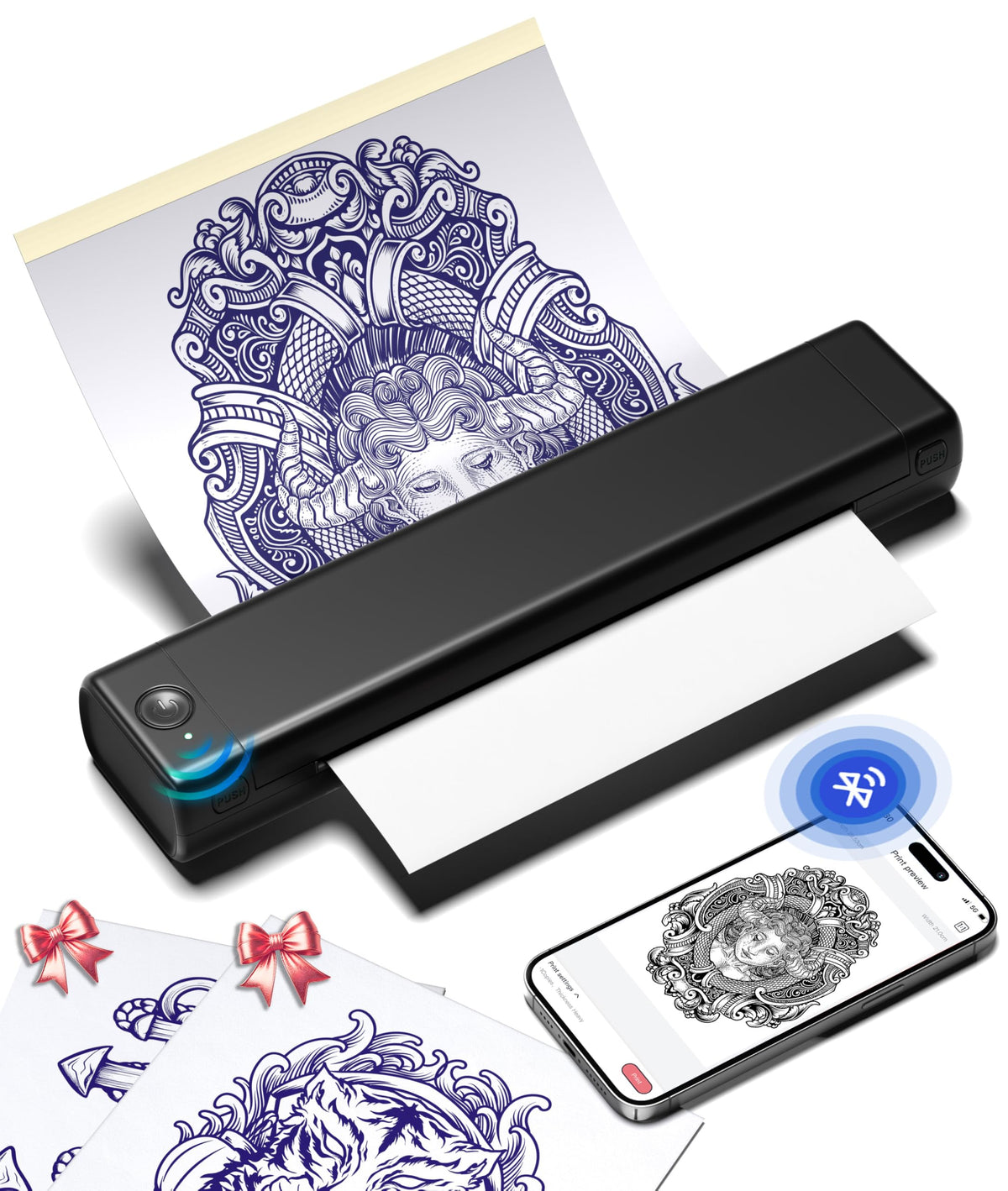 Phomemo M08F front view shows a compact, portable stencil printer for on-the-go tattoo work.