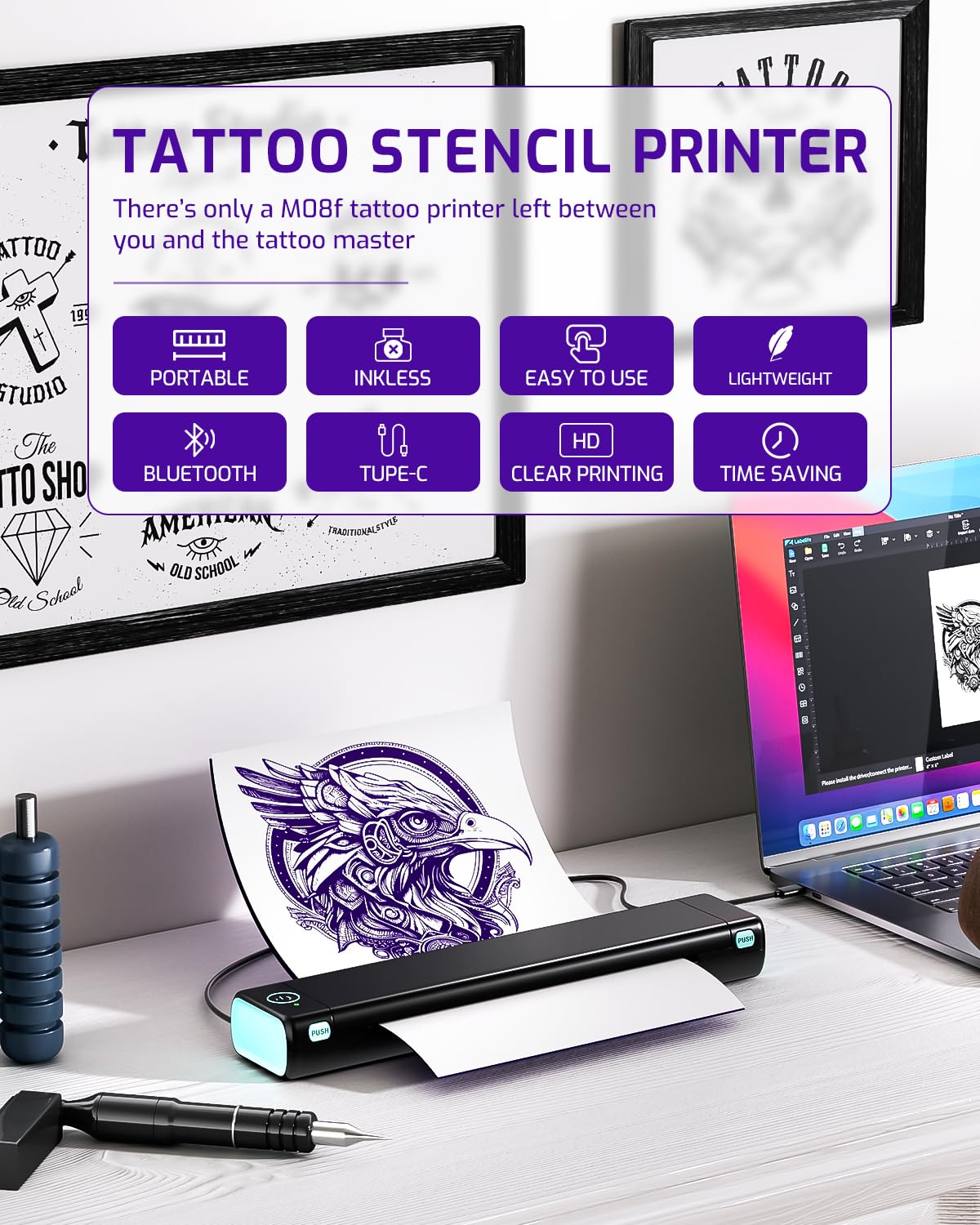 Phomemo M08F inkless thermal printing delivers clean stencils without ink mess.