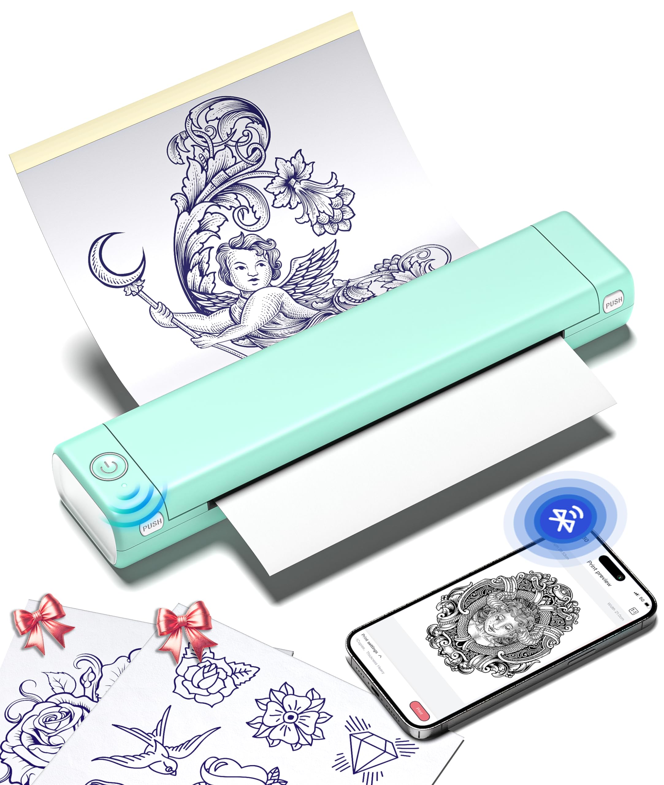 Phomemo M08F tattoo edition front view highlights compact design for portable stencil printing.