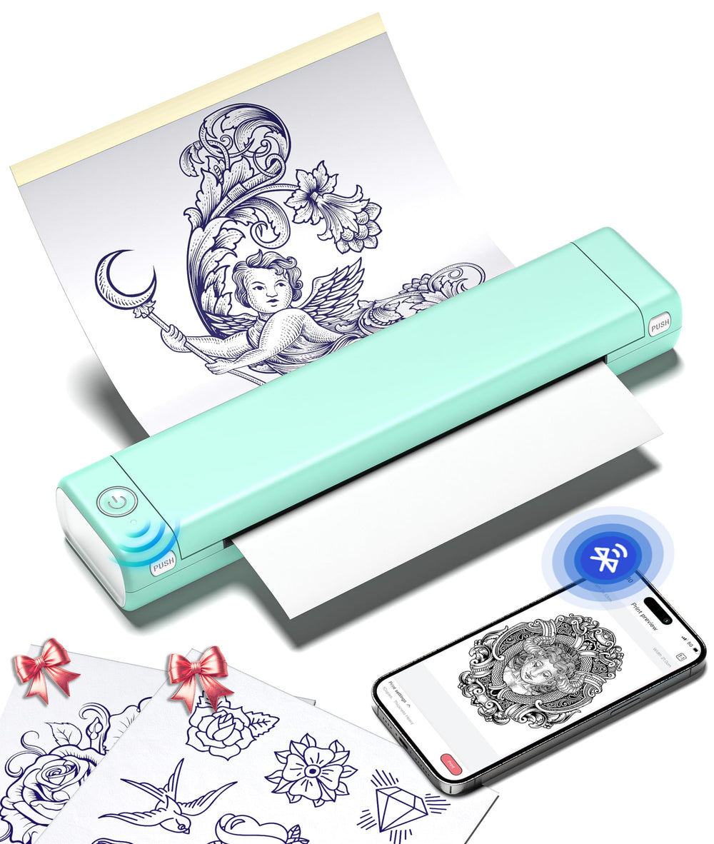 Phomemo M08F tattoo edition front view highlights compact design for portable stencil printing.