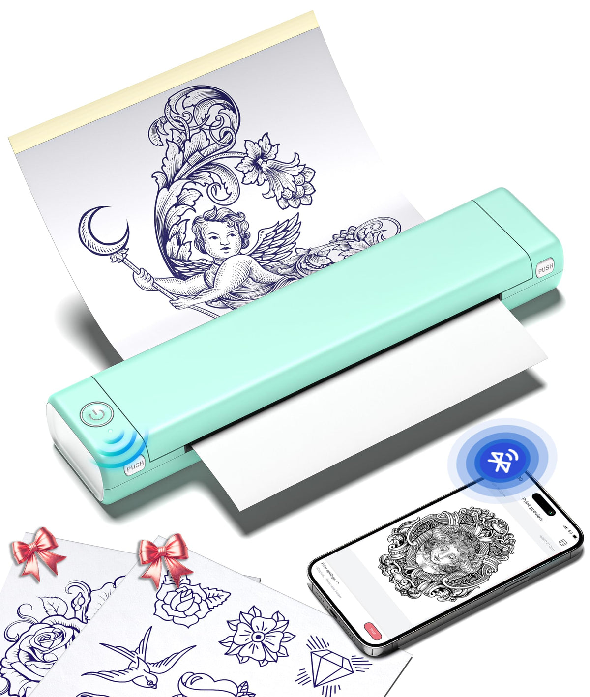 Phomemo M08F tattoo edition front view highlights compact design for portable stencil printing.