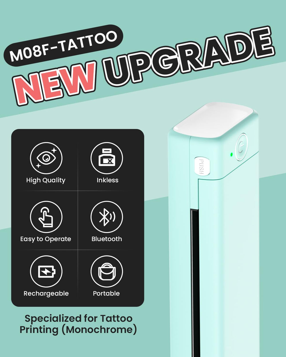 Phomemo M08F wireless battery image demonstrates built-in power for uninterrupted stencil sessions.
