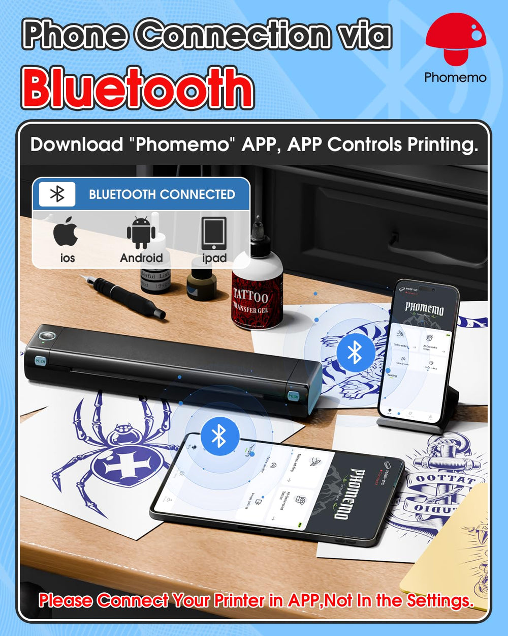 Phomemo M08F confirms compatibility with Phomemo tattoo paper for clean transfers.