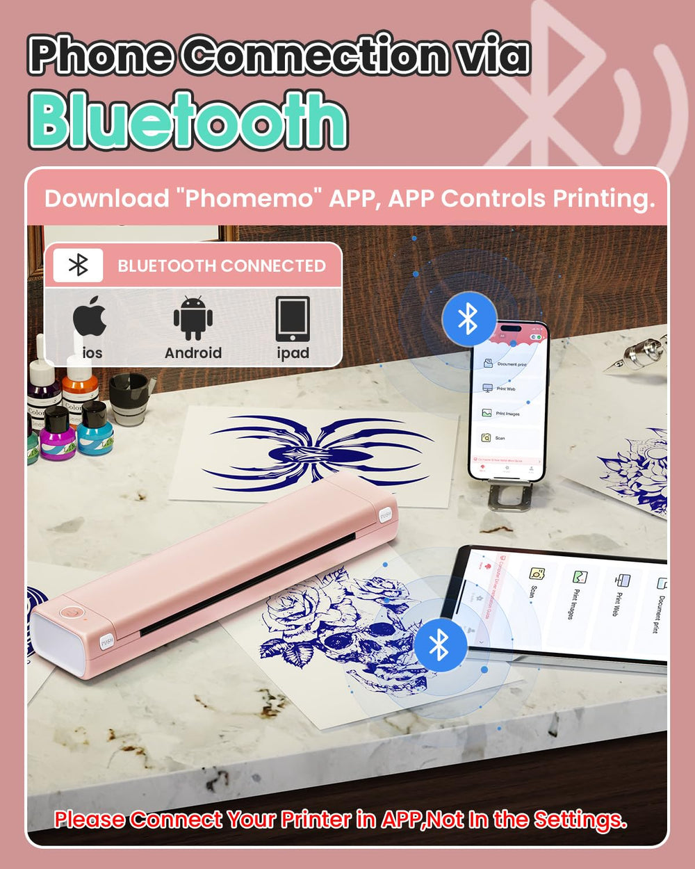 Phomemo M08F with transfer paper demonstrates efficient stencil transfer for clean lines.
