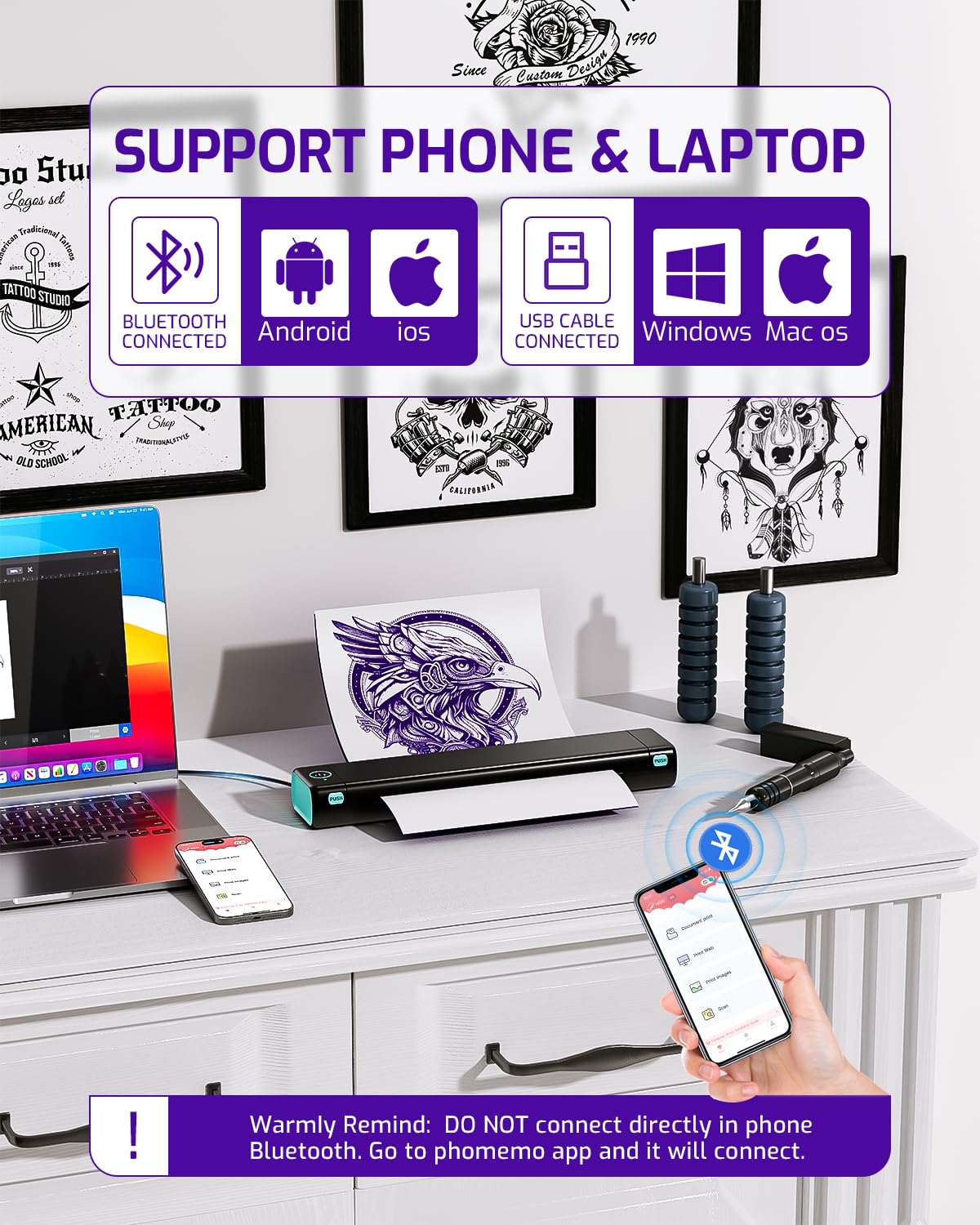 Phomemo M08F universal compatibility with phones, tablets, and PCs for easy design transfer.