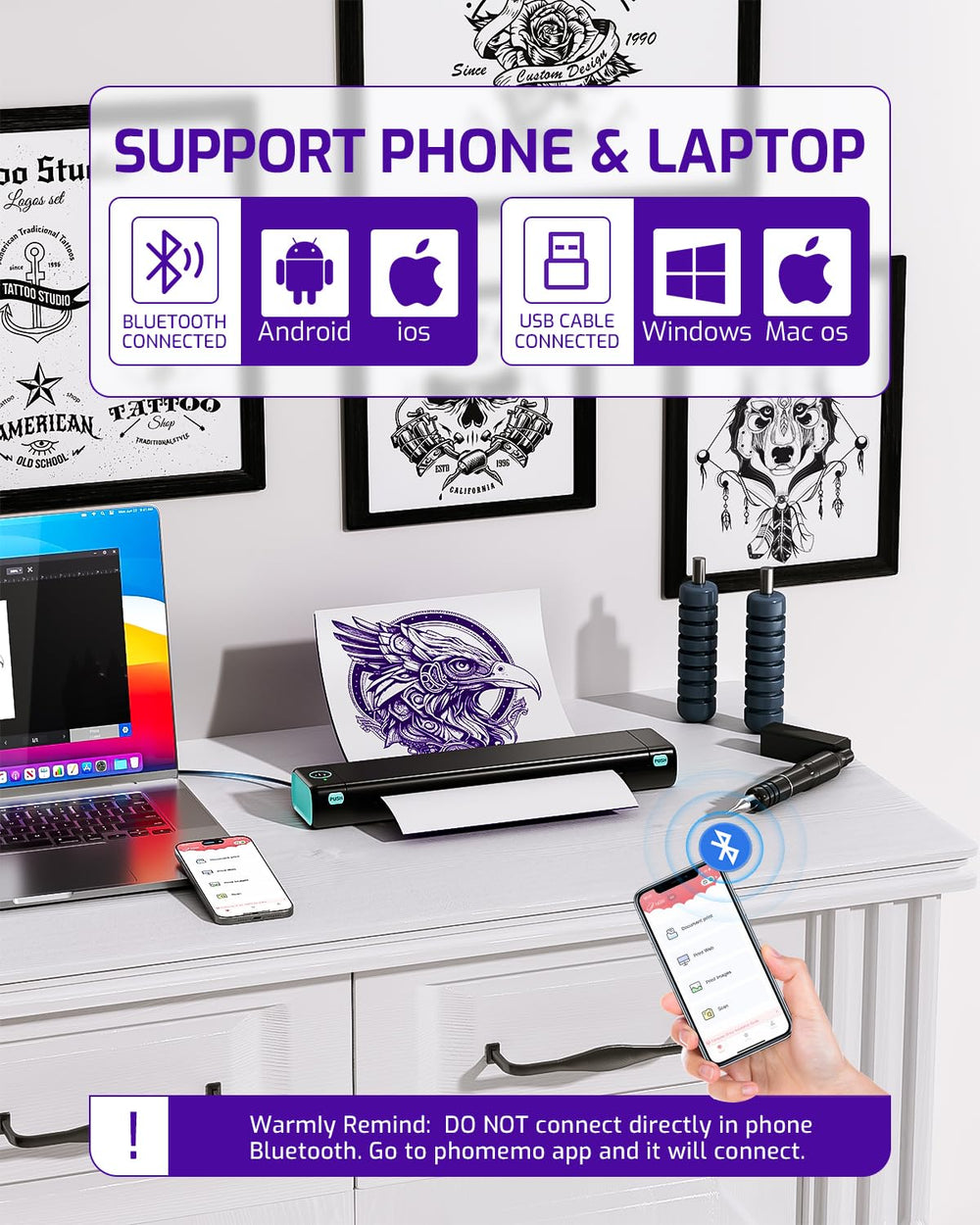 Phomemo M08F universal compatibility with phones, tablets, and PCs for easy design transfer.