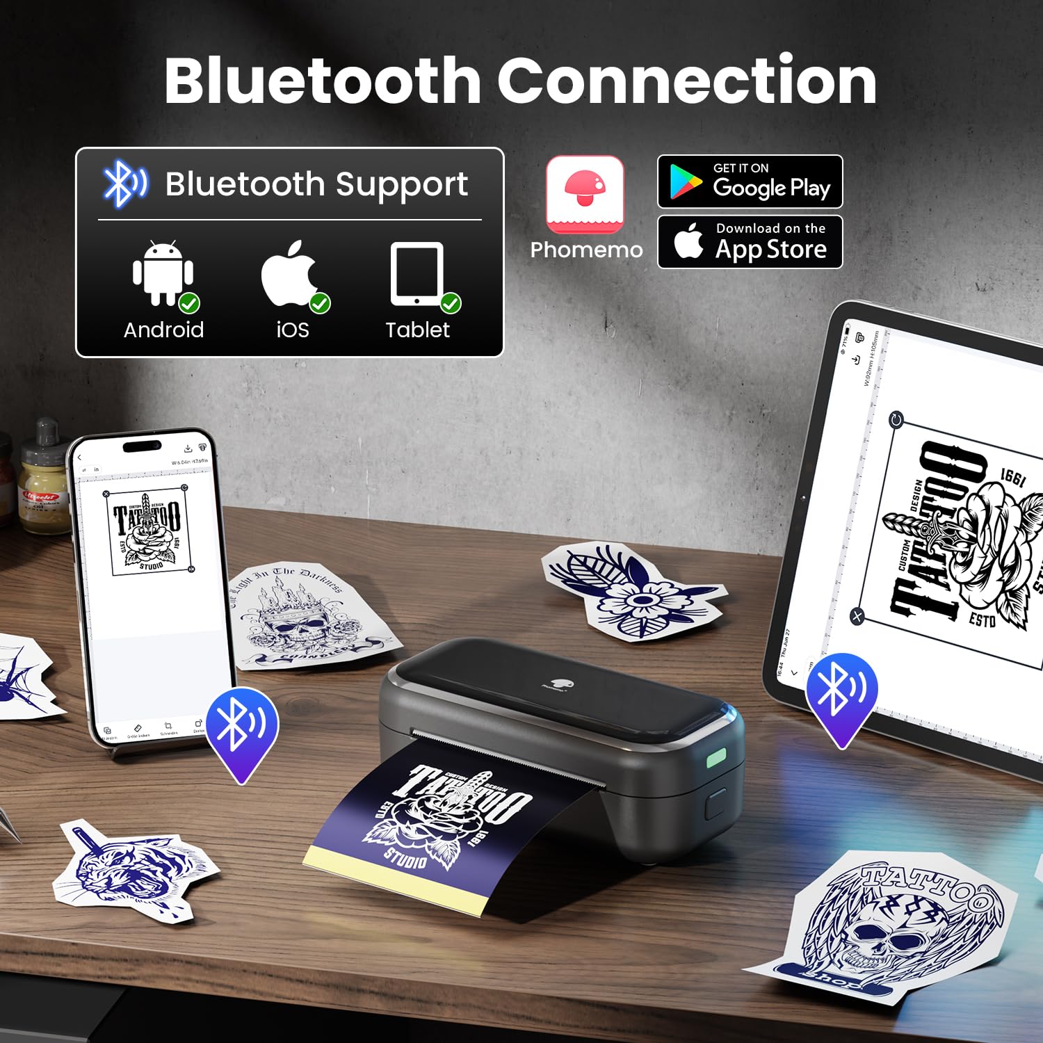 Phomemo TP31 app interface preview shows one-click printing and design previews.