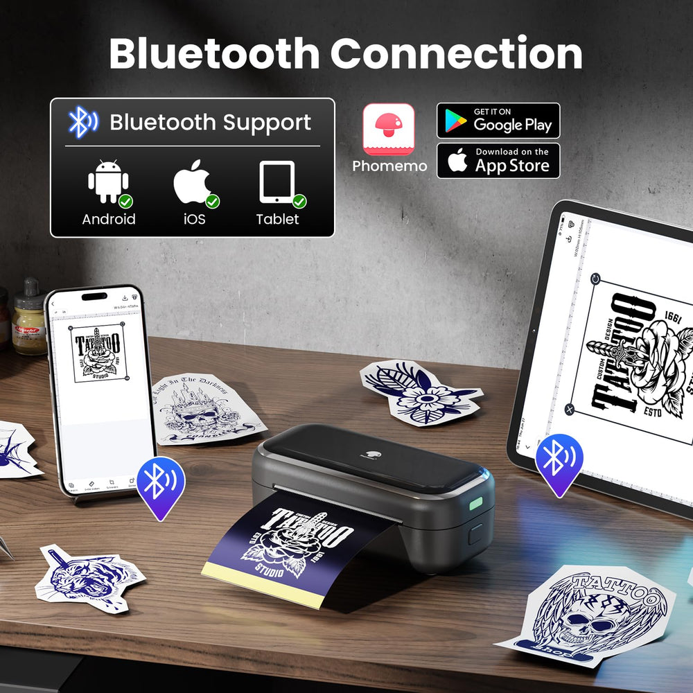 Phomemo TP31 app interface preview shows one-click printing and design previews.