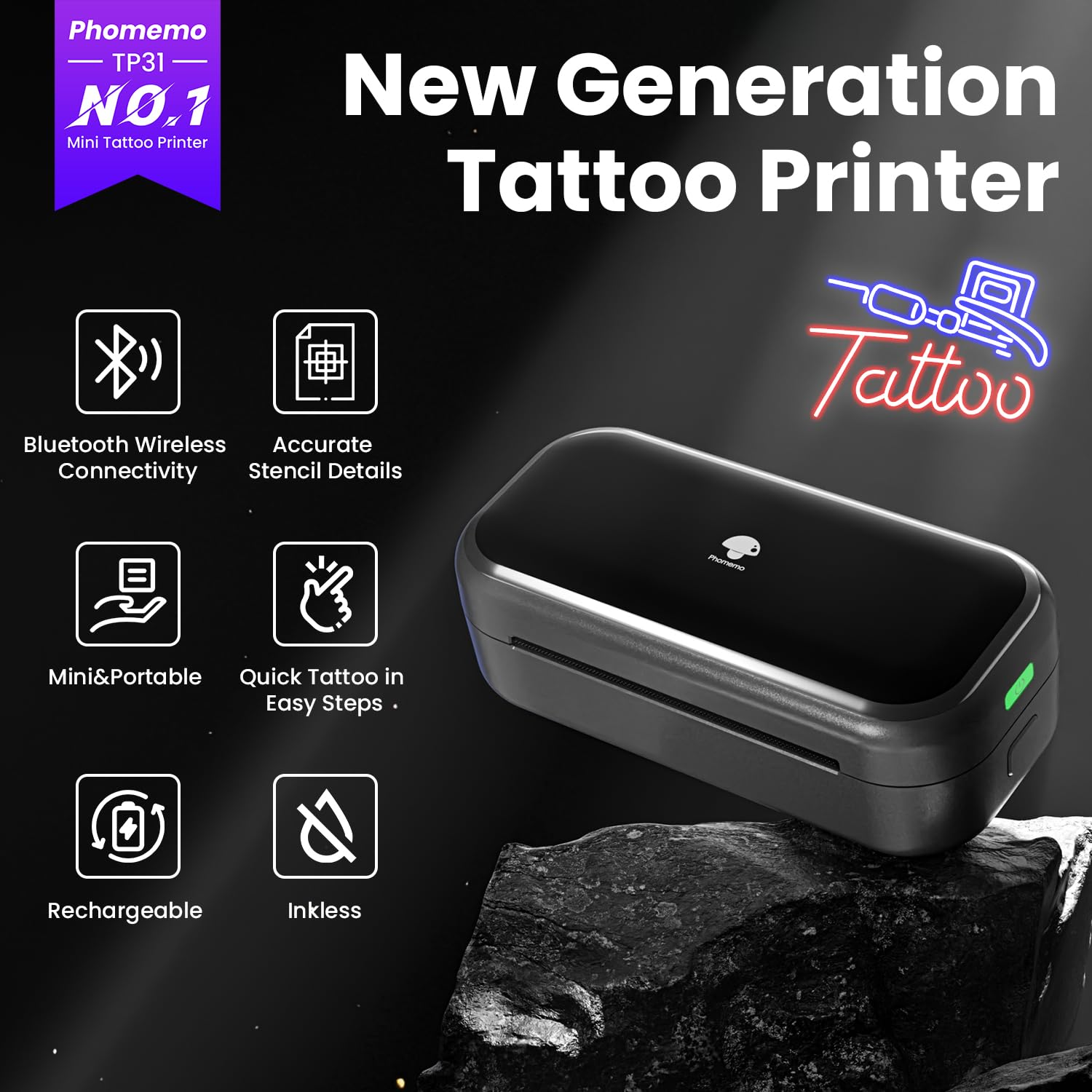 Phomemo TP31 printer side view highlights slim profile for easy transport.