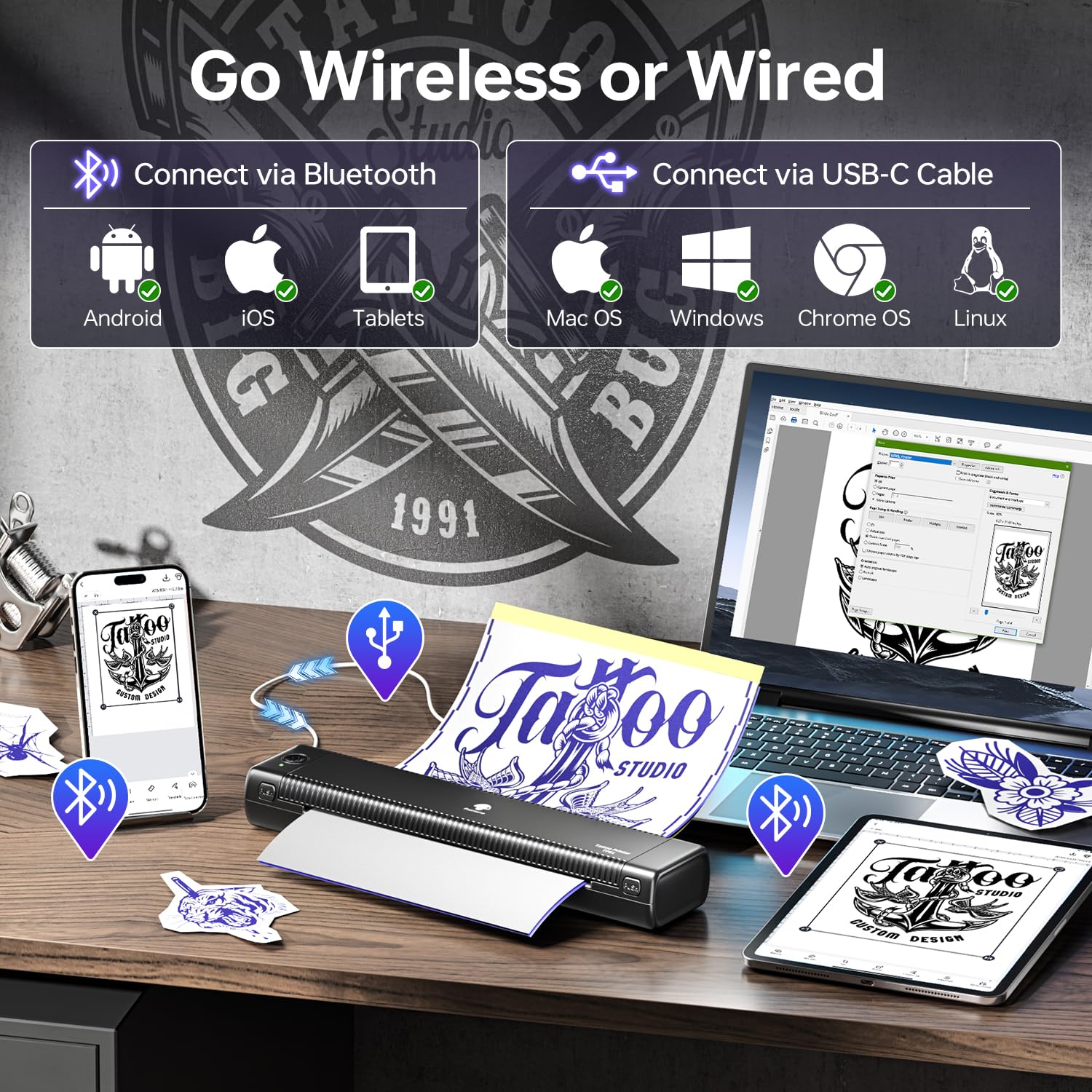 Phomemo App preview and AI design feature streamline tattoo planning.