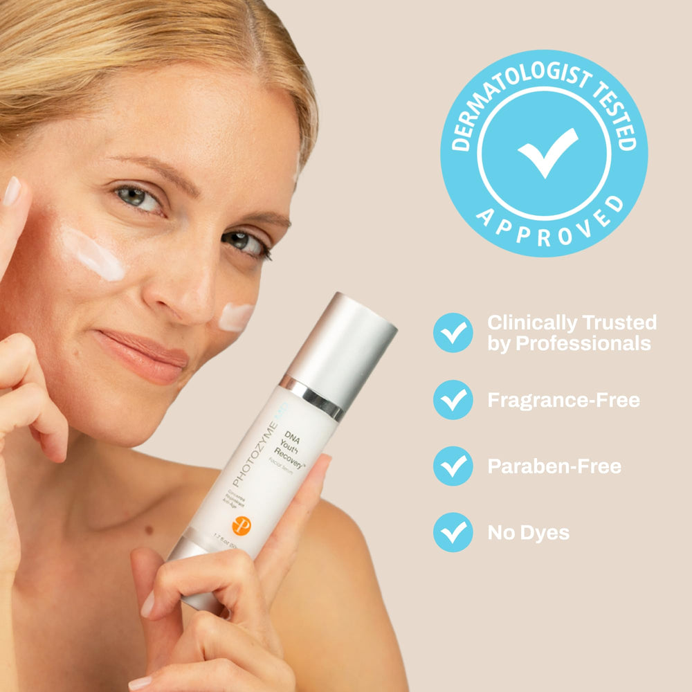 Photozyme DNA Youth Recovery Serum on skincare tray during morning routine.