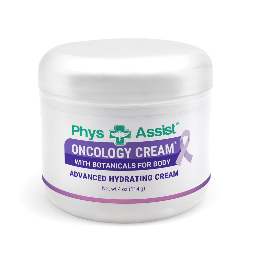 PhysAssist Oncology Cream texture close-up shows non-greasy finish.