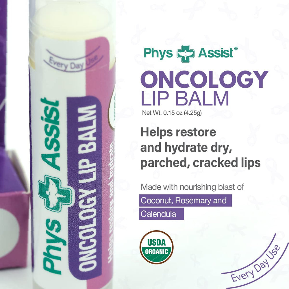 PhysAssist Oncology Lip Balm peppermint close-up with calendula detail.