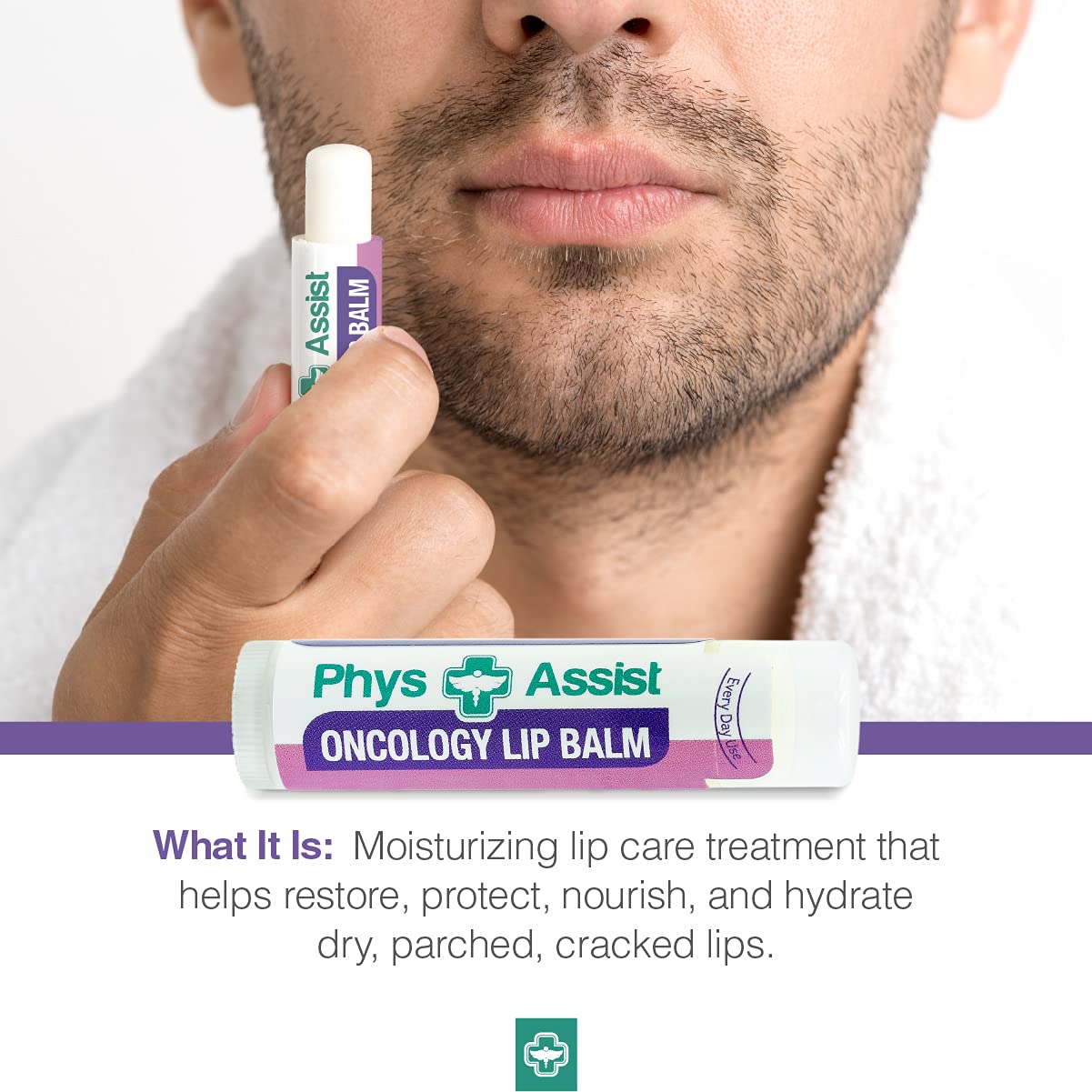 PhysAssist Oncology Lip Balm packaging back-label showing organic certification.