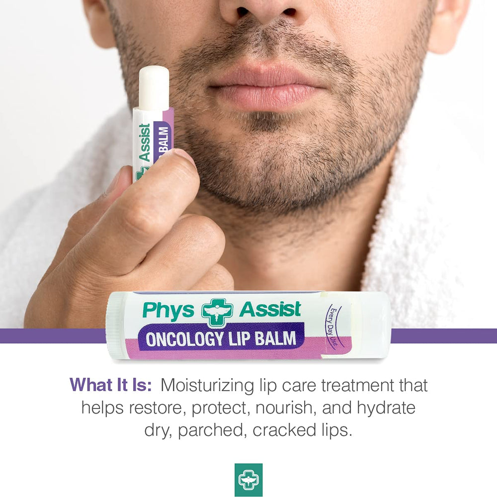 PhysAssist Oncology Lip Balm packaging back-label showing organic certification.