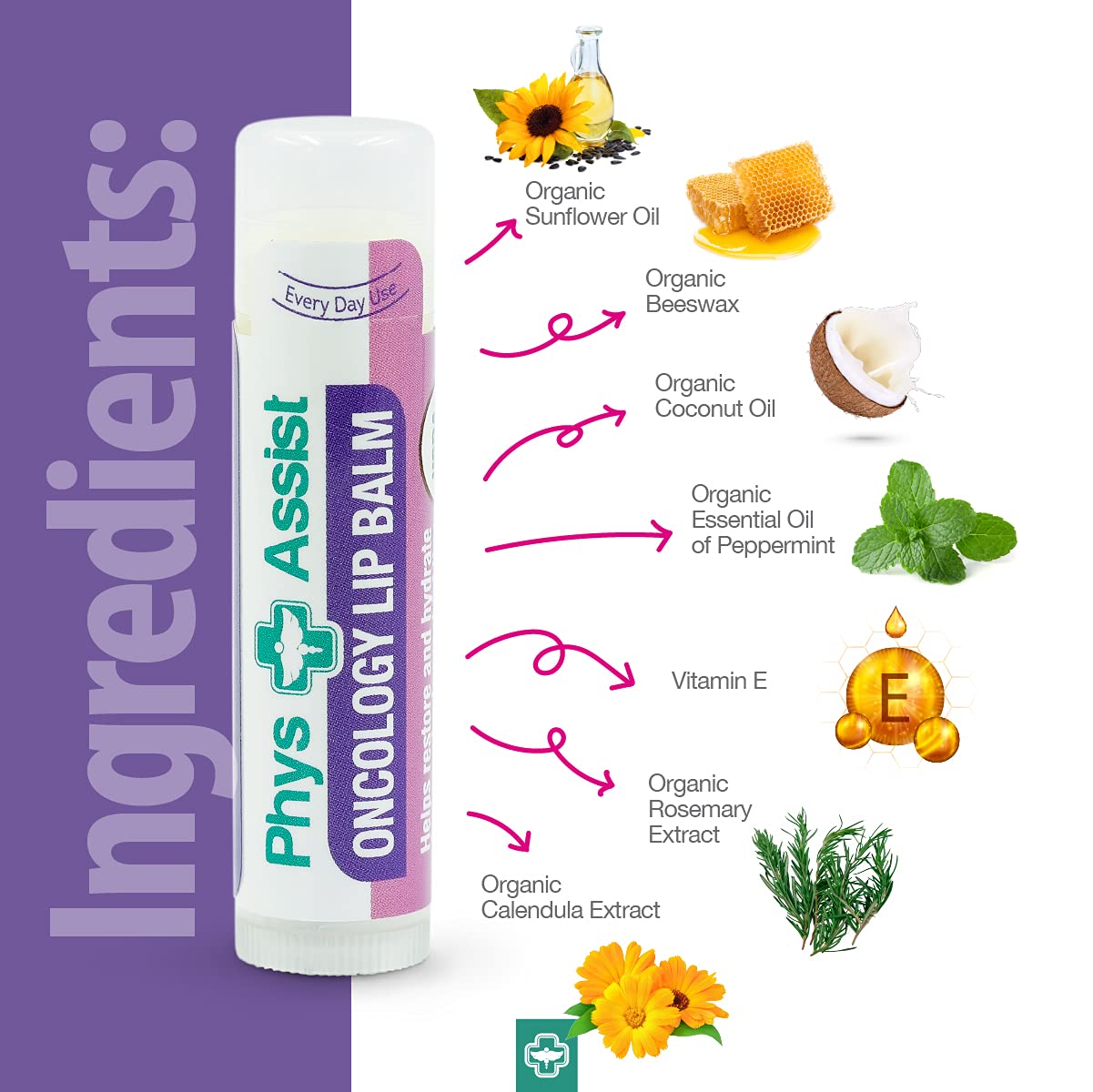 PhysAssist Oncology Lip Balm sunflowers and coconut oil visual communicates nourishment.