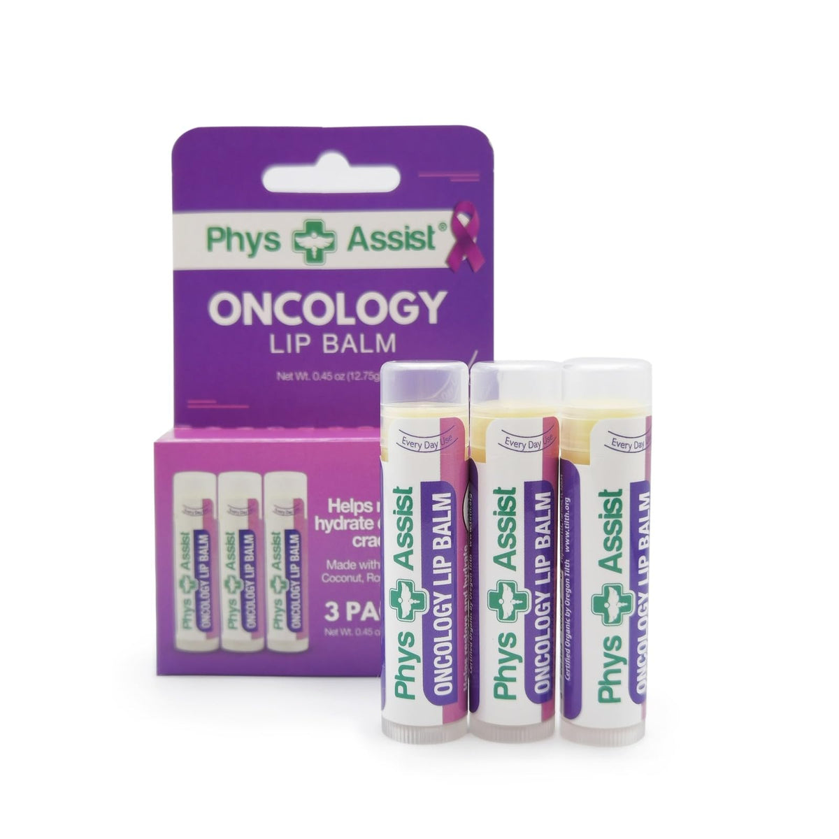 PhysAssist Oncology Lip Balm three-pack front view showing USDA Organic hydration for dry lips.