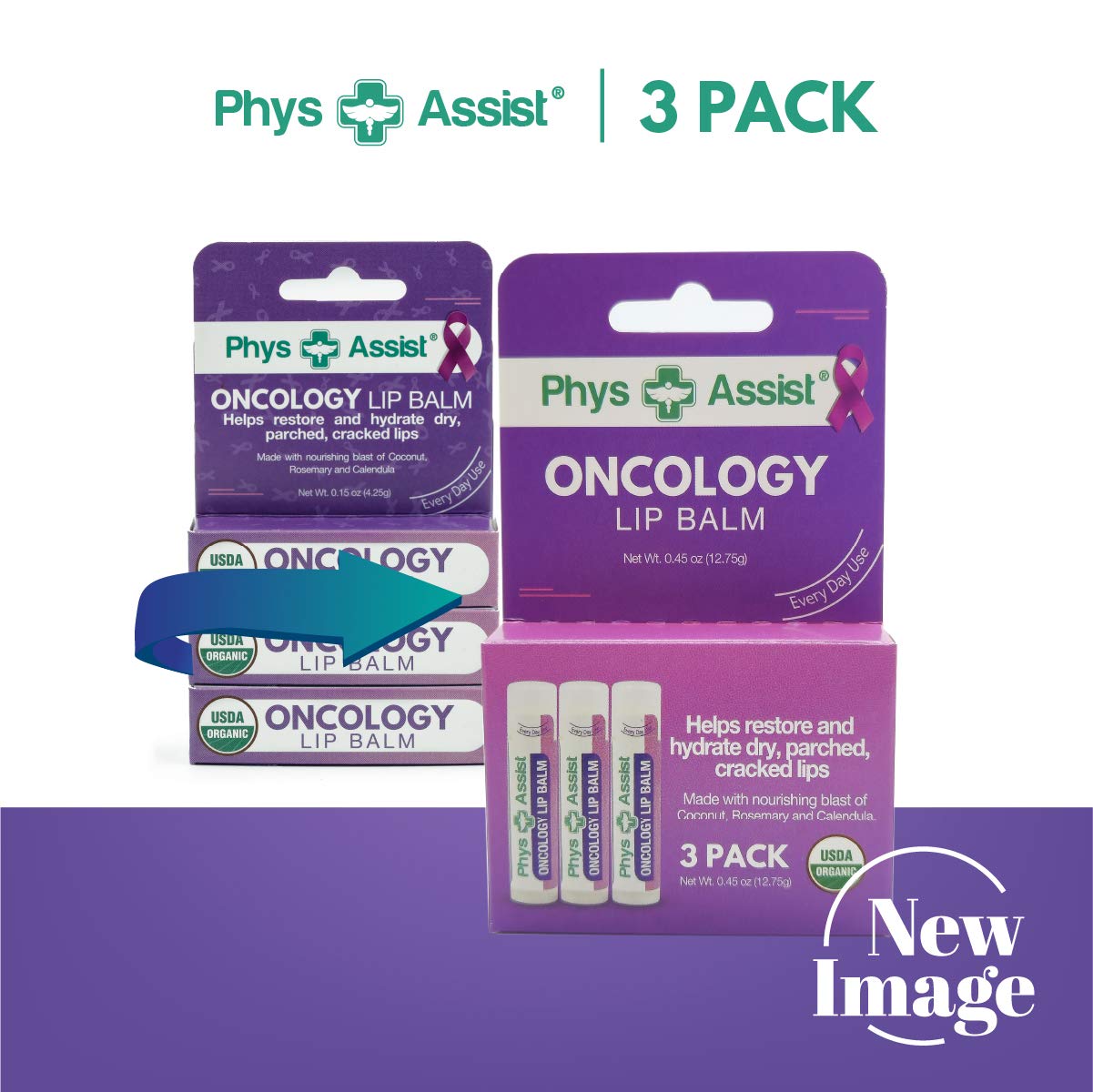 PhysAssist Oncology Lip Balm three-pack spread shot highlighting coconut and calendula nourishment.