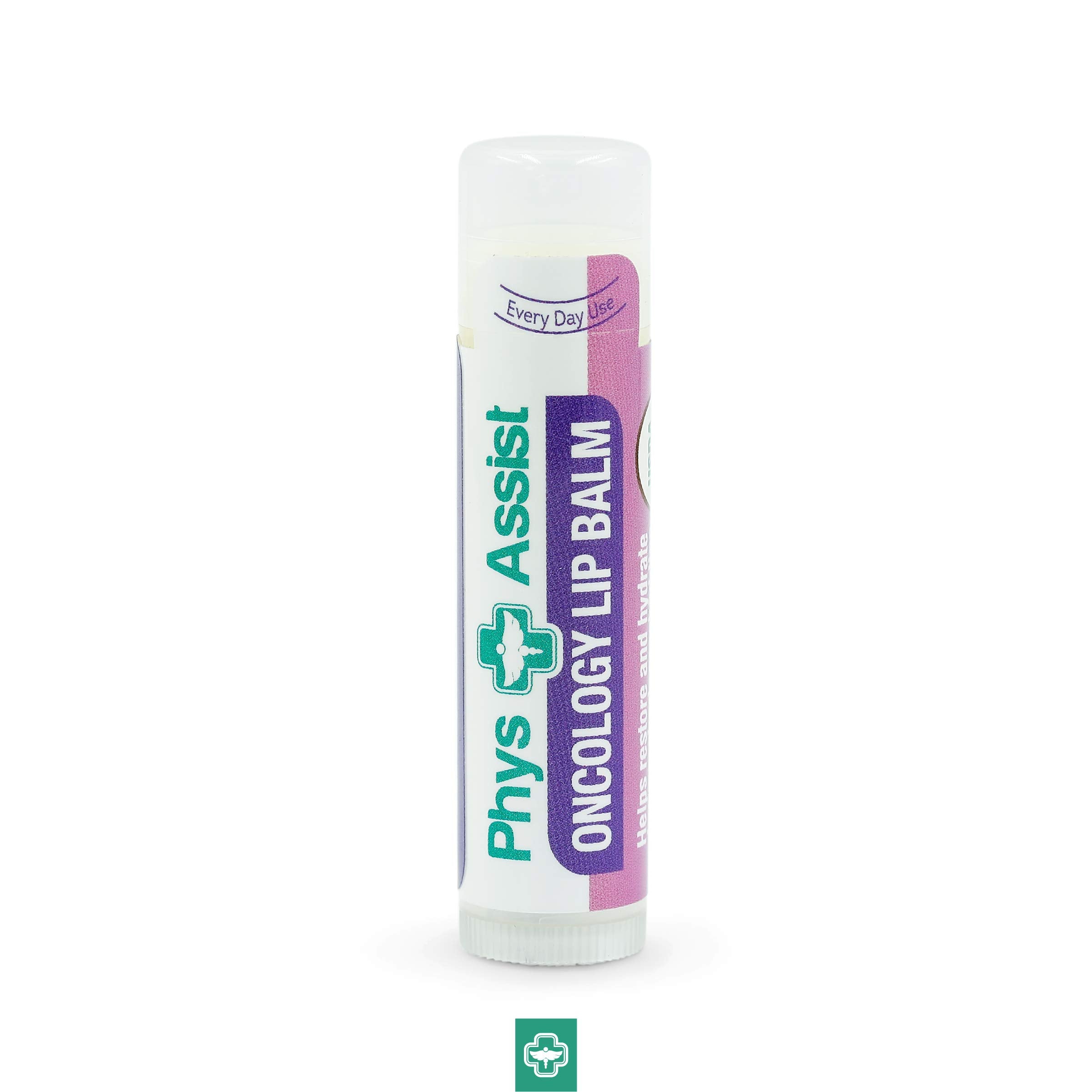 PhysAssist Oncology Lip Balm tube close-up displaying smooth application texture.
